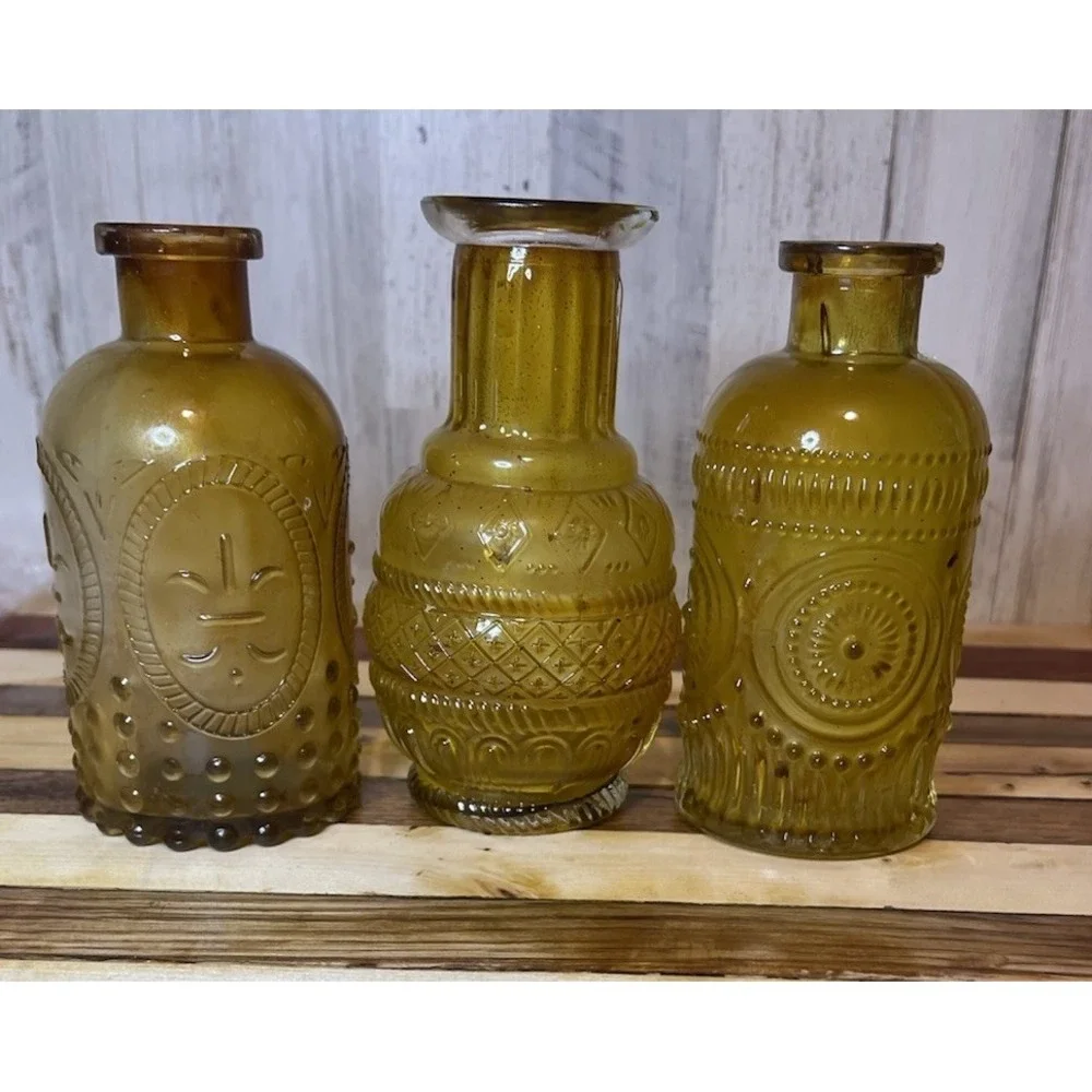 Vintage Set Of 3 Light Colored Amber Glass Bud Vases 5.5
